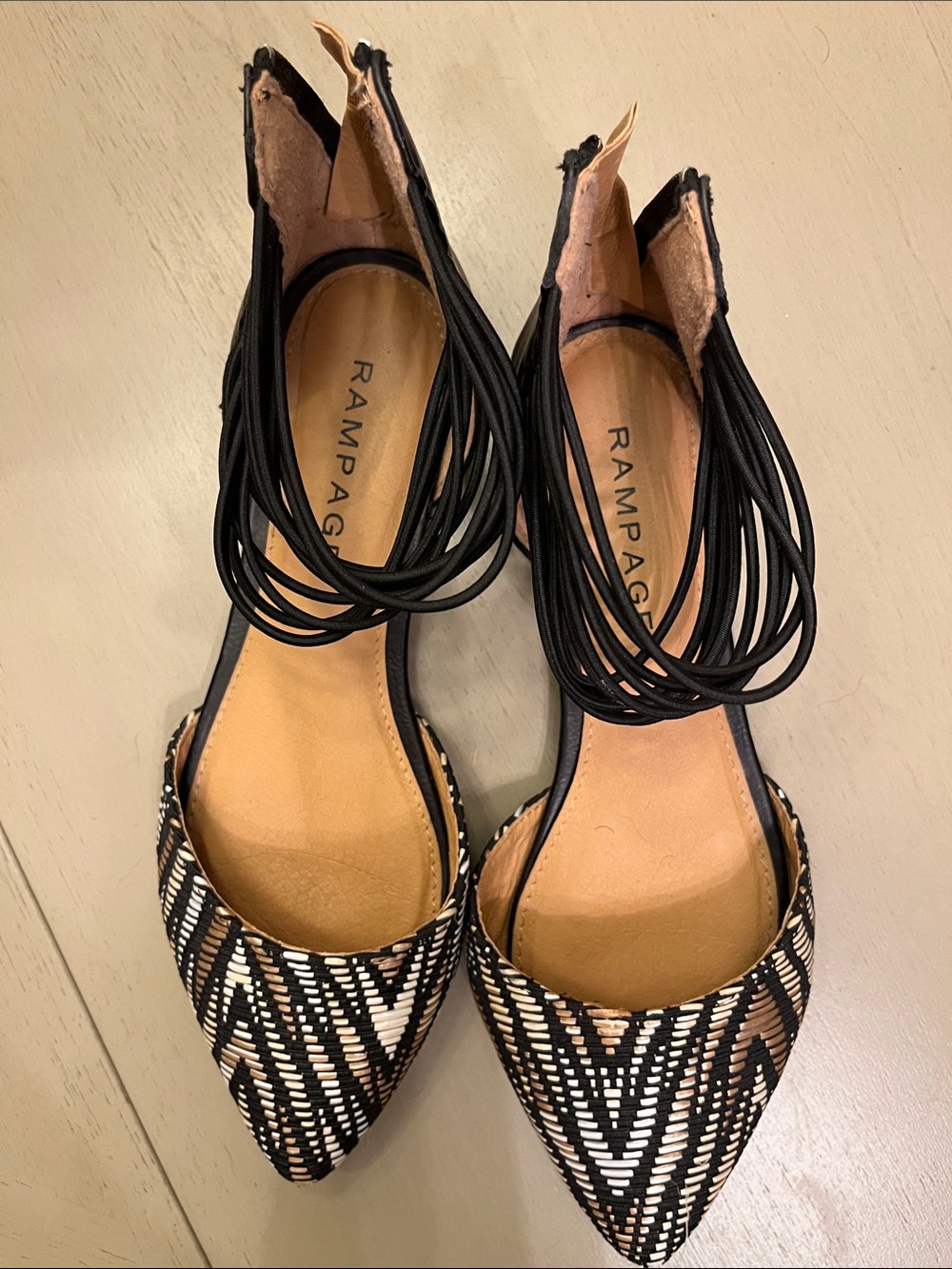 Rampage Black, White & Tan Pointed Ankle-Tie Flats